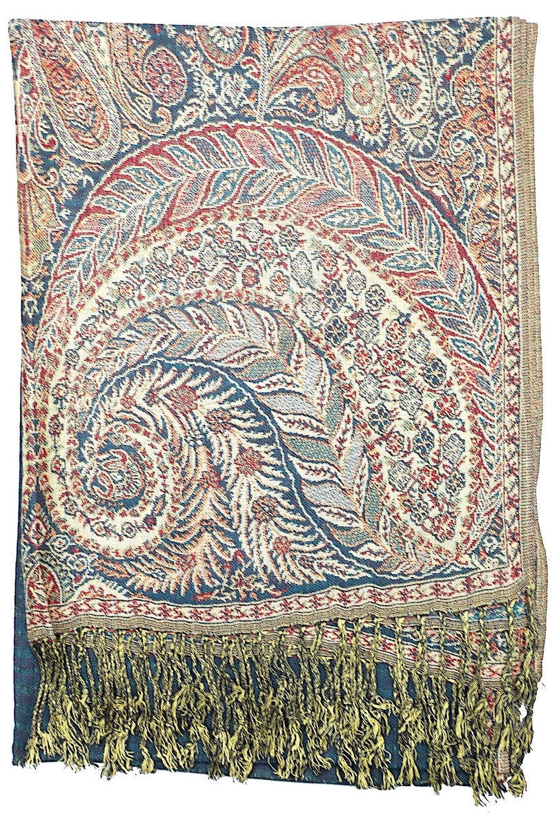 Achillea Soft Silky Reversible Paisley Pashmia Shawl Wrap Scarf w/Fringes (Big Paisley Teal) - Image 4